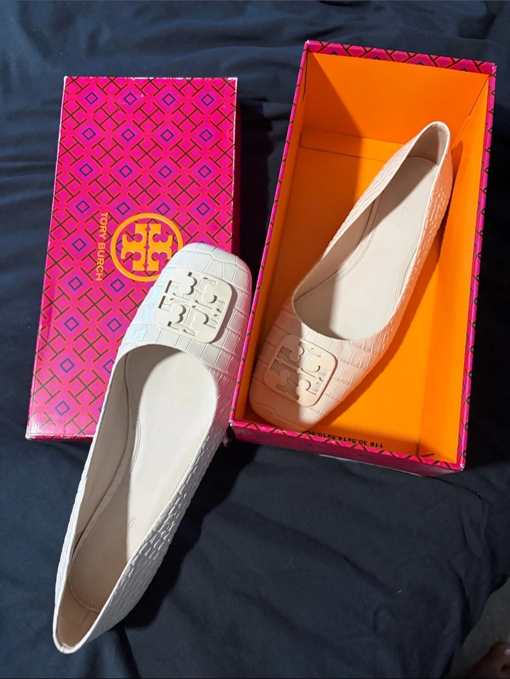 Tory Burch Cream Croc-Embossed Logo Ballet Flats